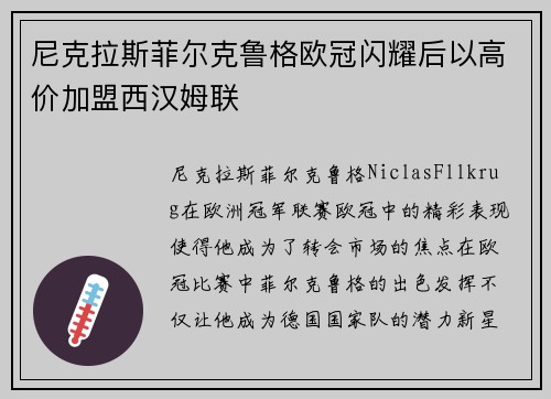 尼克拉斯菲尔克鲁格欧冠闪耀后以高价加盟西汉姆联
