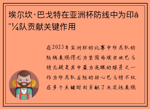 埃尔坎·巴戈特在亚洲杯防线中为印尼队贡献关键作用